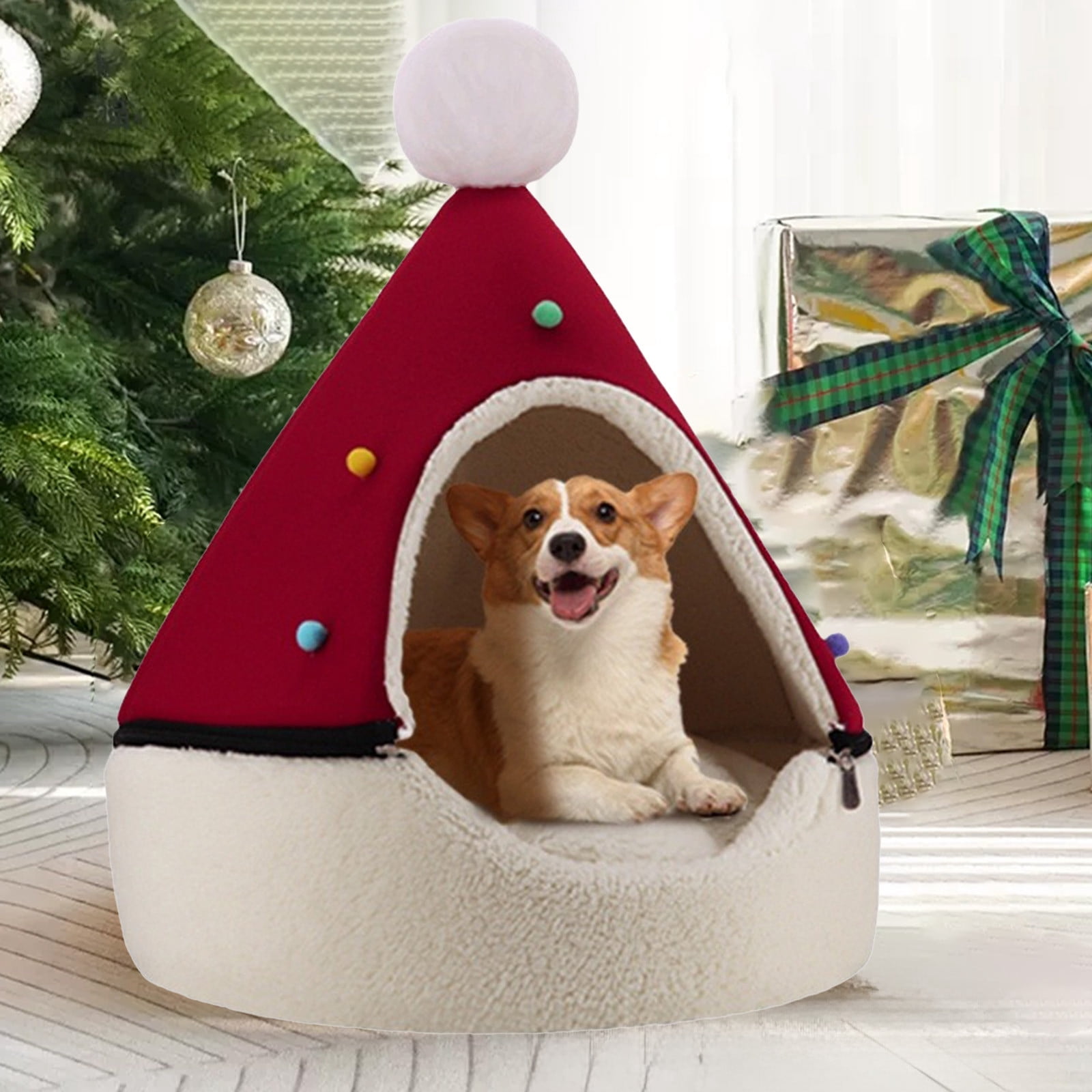 Meitianfacai Red Christmas Hat Pet Bed Pet Villa Puss Bed Dog Bed Removable And Washable Dog Bed Winter Warm Puss Bed, Red