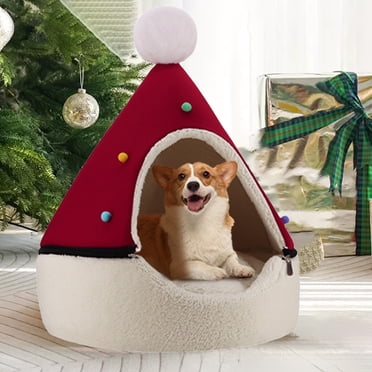 Lit Grotte pour Chat 2 en 1, Nid de Sapin de Noël Maison Igloo pour Chat, Cabane de Noël pour Chaton Cachette, Lit de Sapin de Noël pour Chats d'Intérieur, Tente de Maison avec Oreiller Détachable, Lits Grotte de Noël pour Animaux Chats et Chiens