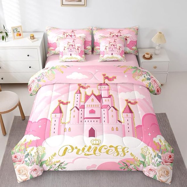 Ensemble de Douillette Princess pour Filles 7 Pcs Réversible, Château Dessin Animé Ensemble de Lit Rose, Literie de Conte de Fées Rêveuse en Microfibre Douce Grand Lit (1 Douillette, 2 Taies d'Oreiller, 2 Housses de Coussin, 1 Drap Plat, 1 Drap-Housse)