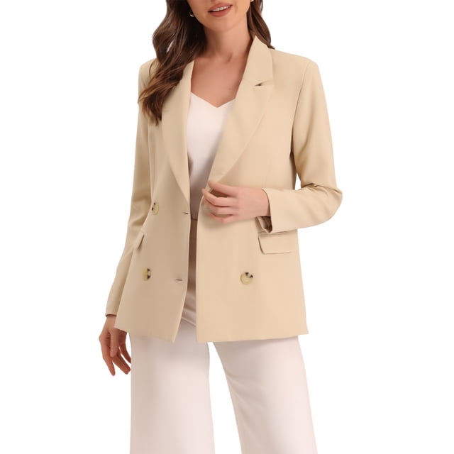 INSPIRE CHIC Women's Jacket Notched Lapel Double Breasted Padded Shoulder Blazer XS Apricot-Solid