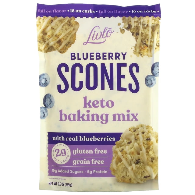 Livlo Blueberry Scones Keto Baking Mix with Real Blueberries, 9.5 oz (269 g) package. The front of the packaging highlights key features such as 2 g net carbs per serving, gluten-free, grain-free, 0 g added sugars, and 5 g protein. The design includes images of fresh blueberries and baked scones drizzled with icing, emphasizing its low-carb and keto-friendly attributes.