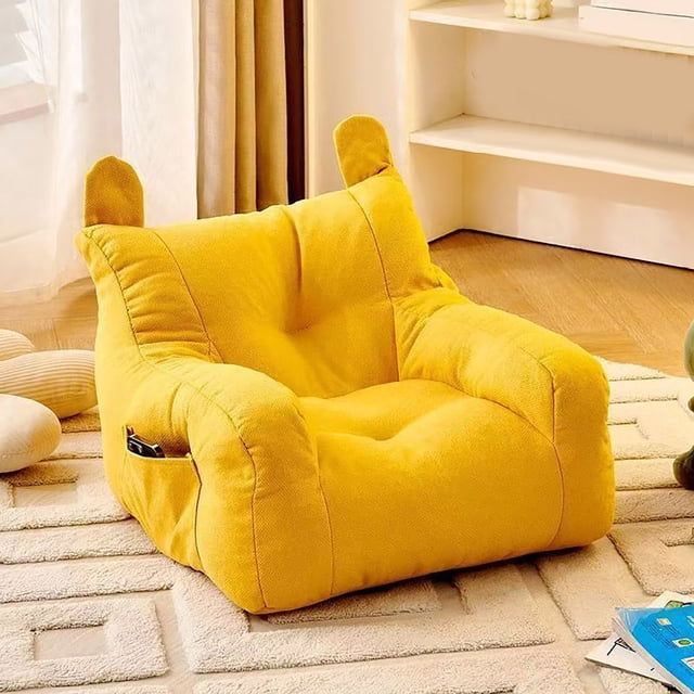 EGNMCR Chairs For Small Children Child Sofa Lazy Chair Storage Chair with Zipper and Side Pocket, shown in a vibrant yellow bear-shaped design. Made with breathable velvet fabric for a soft and comfortable touch, it features armrests, a low center of gravity for stability, and particle filling for body support. Includes a side pocket for added functionality. Ideal for living rooms, bedrooms, or shared family spaces.