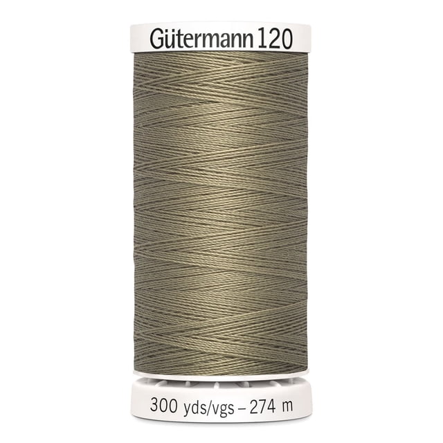 Gutermann 120 100% polyester all purpose thread spool in olive green, tightly wound on a white plastic spool labeled with brand and 300 yards (274 meters) length, suitable for sewing woven, knit, and synthetic fabrics, craft, and mending projects.