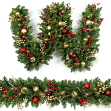 Pre-Lit Artificial Christmas Garland,5.9FT Christmas Garland with Lights for Front Door,Christmas Mantel Garland Decoration with Ball Ornaments,Pine Cones,Christmas Tree Ornaments Home Door Ornaments