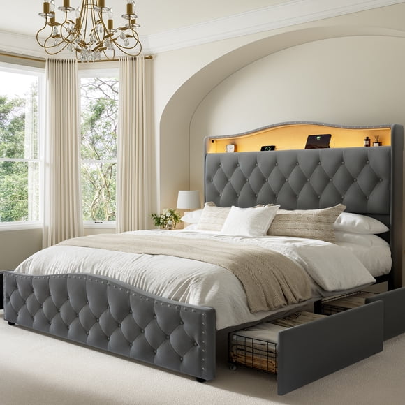 GUNAITO Queen Size Bed Frame with 4 Storage Drawers, Velvet Upholstered LED Bed with USB Ports, No Box Spring Needed Noise Free Easy Assembly, Gray