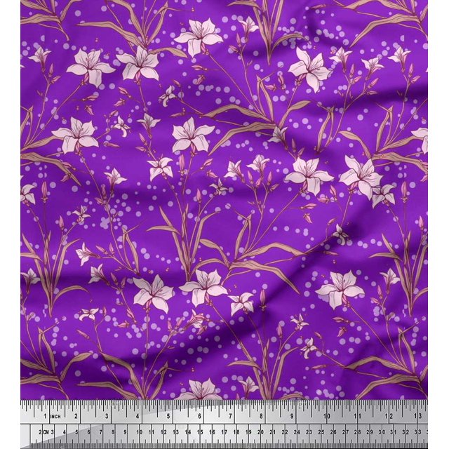 Soimoi Modal Satin Fabric Leaves & Azalea Floral Decor Fabric Printed Yard 42 Inch Wide