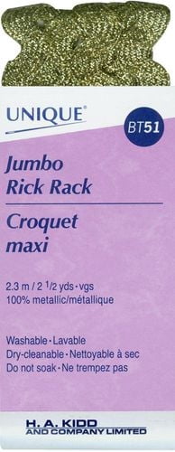 UNIQUE Jumbo Rick Rack polyester 10 mm (0.39 in) × 2.3 m (3/8 in × 2.5 yd), Metallic or