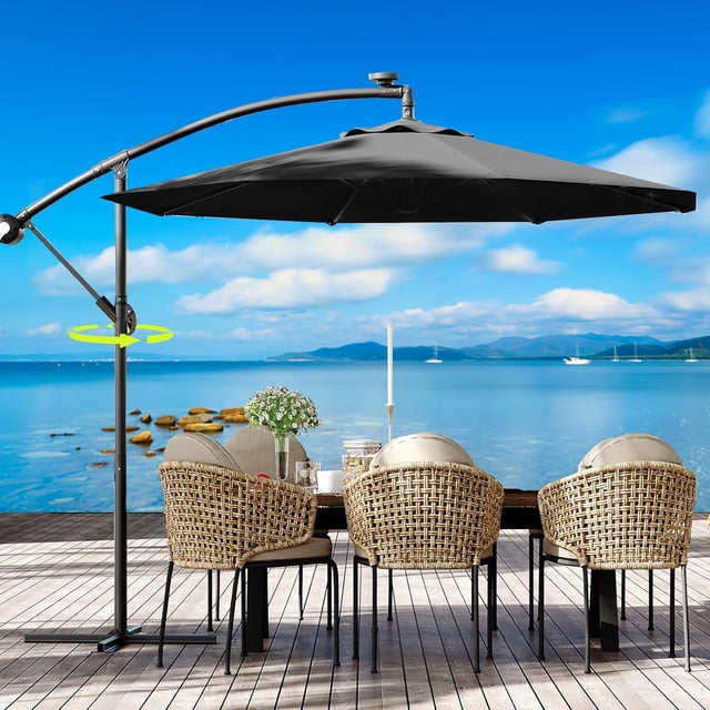 IdealHouse Parasol de Patio de 10 Pi avec Lumières, Parasol Déporté d'Extérieur à 8 Baleines avec Rotation à 360° et Réglage d'Inclinaison, Parasols d'Extérieur avec Protection UV pour Cour Arrière, Pelouse, Jardin, Piscine, Terrasse
