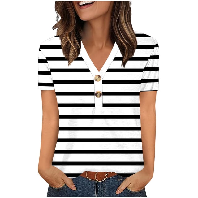 Chemise à Manches Courtes à Col en V pour Femmes, Haut Imprimé en Polyester avec devant à Boutons, Longueur Régulière, Coupe Amincissante Échancrée, Noir, P