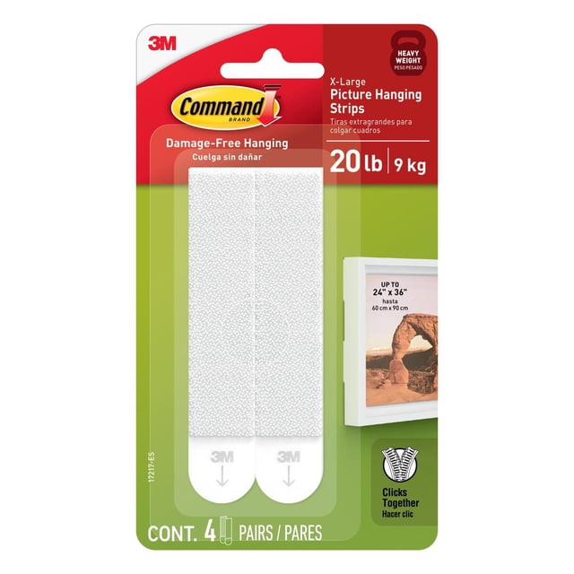 Command Picture Hanging Strips 17217-EF x-large white adhesive strips for damage-free hanging, holding up to 20 lb (9 kg), designed to click together, includes 4 pairs, suitable for picture frames up to 24 by 36 inches (60 by 90 cm).