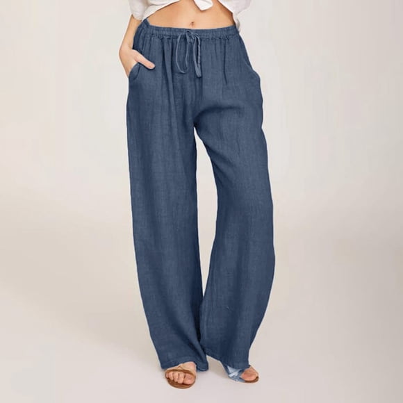 drppepioner Women's Casual Solid Cotton Linen Drawstring Elastic Waist Long Wide Leg Pants
