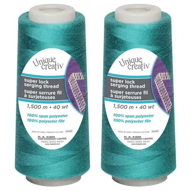 UNIQUE CREATIV TRULOCK serging thread in teal, 100% spun polyester, 40 wt, 1500 m cone for overlock machines, suitable for seams, hems, and edge finishes on knits and wovens, shown as two cones with white labels displaying stitching sample and product information.