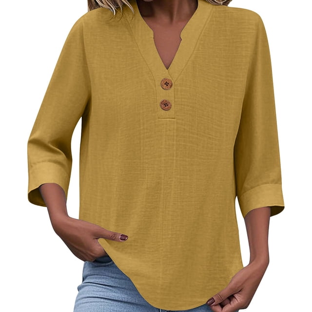 Swstbby Liquidation d'Économies d'Été! Hauts d'Été pour Femmes, pour Femmes T-Shirt Blouse d'Été Ample à Manches Courtes et Col Rond Décontracté Jaune G