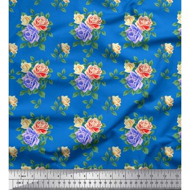 Soimoi Satin Silk Fabric Leaves, & Rose Floral Printed Craft Fabric by The Yard 42 Inch Wide