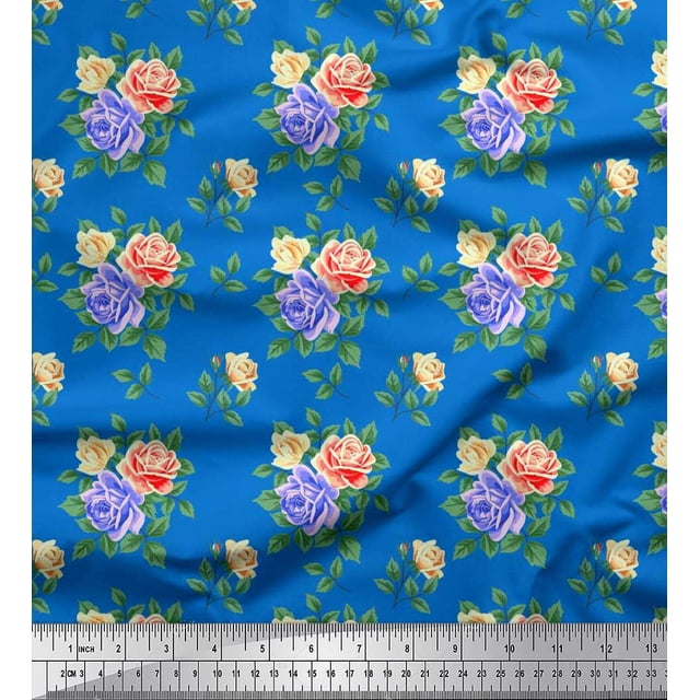 Soimoi Poly Georgette Tissu Feuilles, & Rose Imprimé Floral 1 Yard 52 Inch Wide