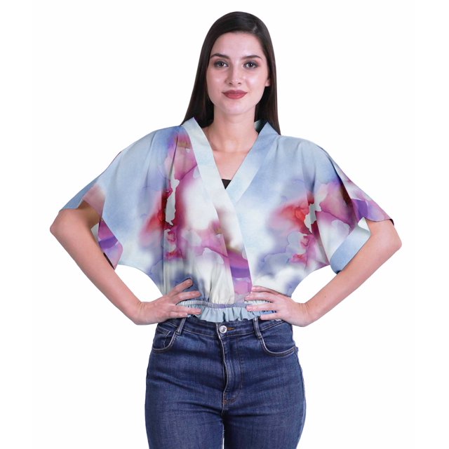 Moomaya Hauts à Manches Boxy Imprimés pour Femmes, Col en V, Taille Élastique, Kimono
