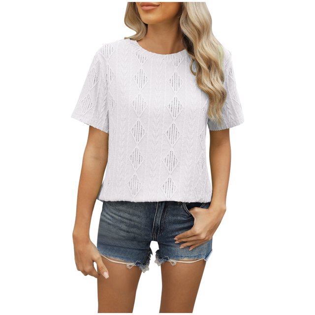 Besolor Hauts d'Été pour Femmes Chemises Décontractées à Col Rond Manches Courtes Bouton Arrière Blouses Texturées en Crochet