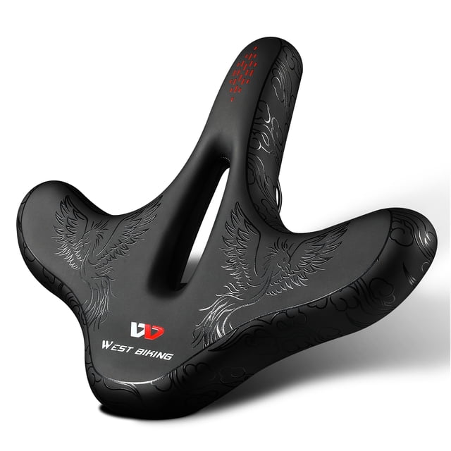 WEST BIKING Selle de Vélo Surdimensionnée pour l'Extérieur, Plate et Élargie, Type B. Ce Siège de Vélo Noir Présente un design Creux Respirant pour le Soulagement de la Pression, un Rembourrage Épais en Mousse Mémoire pour le Confort et une surface en Cuir PU Imperméable avec des Propriétés Anti-Rayures. le Siège Comprend un design à Absorption des Chocs avec des Ressorts à Haute Élasticité et un Support de Feu Arrière pour une Sécurité Accrue. Sa Forme Ergonomique et des Motifs Décoratifs le Rendent Adapté aux Vélos de Montagne, aux Vélos de Route et Plus.