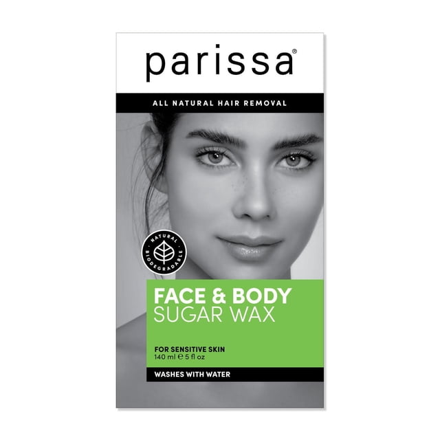 Parissa Sugar Wax Face & Body packaging for sensitive skin, a 140 ml (5 fl oz) natural sugar waxing kit that washes off with water, featuring biodegradable ingredients and designed for face and body hair removal.