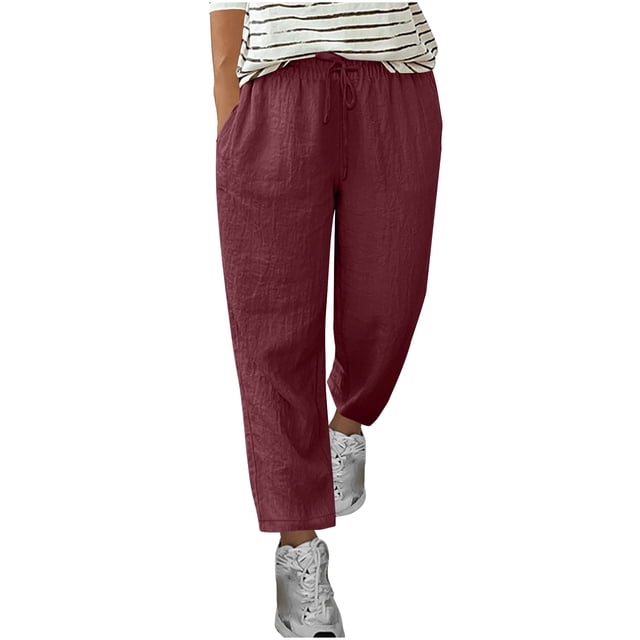 Yuyuzo Womens Cotton Linen Pants Drawstring High Waisted Lounge Pants Straight Leg Cropped Trousers