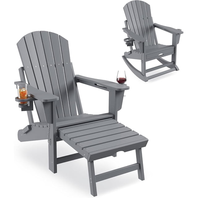 YUSAZENS Rocking Adirondack Chairs - Folding Rocking Chair with Footrest, Outdoor Chair with Retractable Ottoman and Cup Holder Gray