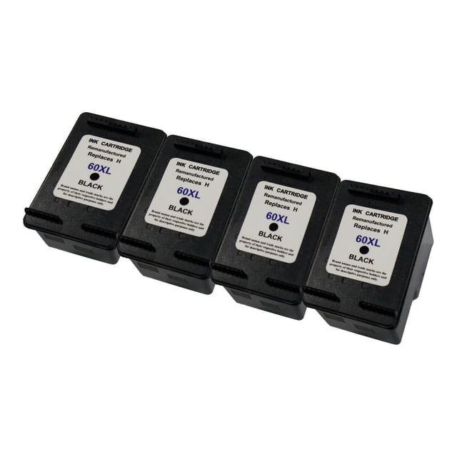 L-ink 4 Pack Compatible HP 60XL High Yield Black Ink Cartridge (CC641WN) with four black remanufactured ink cartridges labeled 60XL black, arranged diagonally on a white background, offering ISO-certified quality and a 600-page yield for clear, crisp printing, ideal for economical printer cartridge replacement.