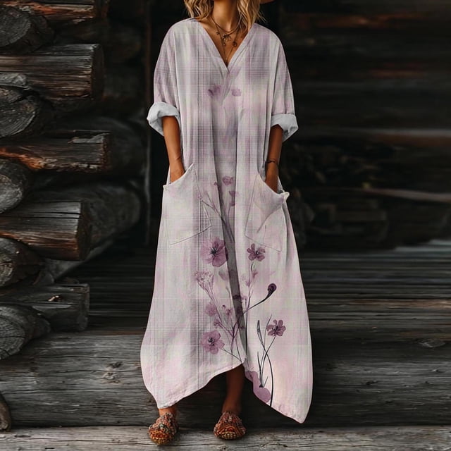 Heisall 2026 Printemps Été Bohème à Imprimé Floral Robe Maxi en Lin Col en V Manches Chauve-Souris Caftan Ample Robes avec Poches