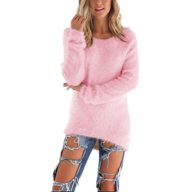 UKAP Ladies Jumper Tops Winter Warm Sweater Solid Color Pullover Baggy Loungewear Sweaters Light Pink M