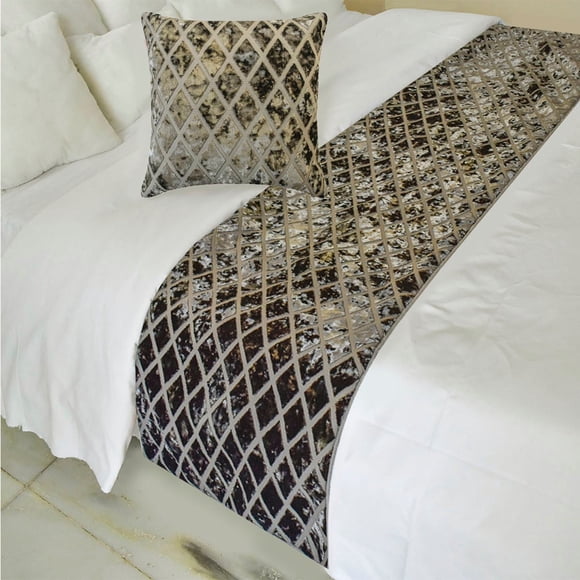 The HomeCentric King / Queen / Twin Grey Decorative Bed Runner CA King 86"x18" Bed Runner WITH Two Pillow Cover, Diamond Pattern, Velvet Cut Bed Scarf on Velvet fabric - Grey Velvet Verve