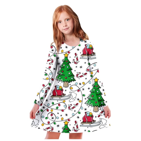 WEAIXIMIUNG Beach Dresses for Teenagers Kids Toddler Girls Christmas Trees Deer Print Christmas Long Sleeve Party Dress 4-5 Years