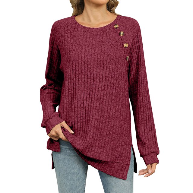 yoeyez Tunique en Tricot pour Femmes, Chandails à Manches Torsadées Patchwork, Col Ras du Cou Raglan, Chemises à Manches Longues, Hauts de Mode d'Automne 2024, Bourgogne m