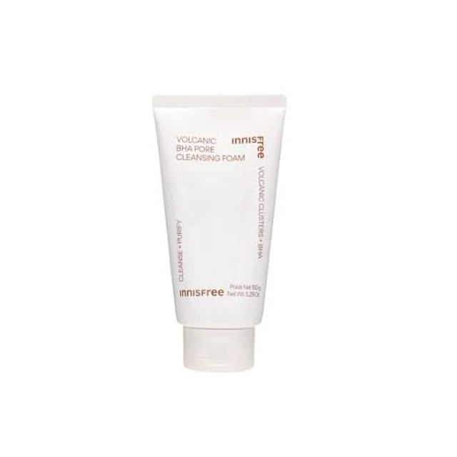 Jeju Volcanic Pore BHA Cleansing Foam by Innisfree, a white 150g squeeze tube with brown text, a refreshing foam cleanser using Jeju volcanic cluster and BHA to deeply cleanse oily skin pores, suitable for daily facial cleansing.