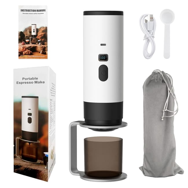 3-in-1 Portable Electric Coffee Maker, Capsule Coffee Grinder, Travel Coffee Maker with Cordless Heating and Stand, White