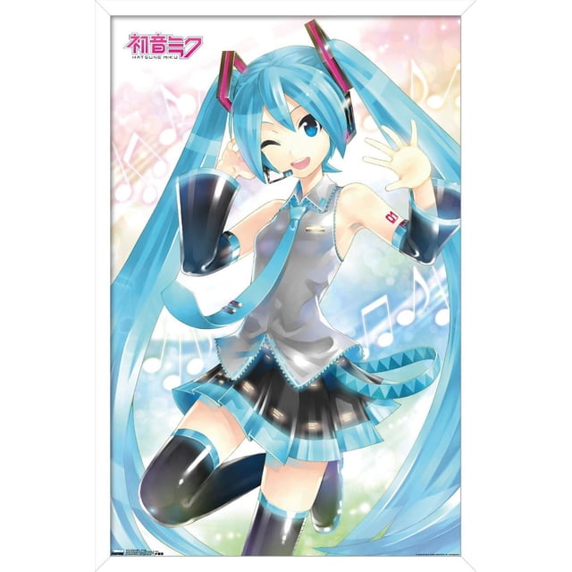 Hatsune Miku - Affiche Murale Ondulante, 22,375 Pouces x 34 Pouces Représentant le Personnage d'Anime Hatsune Miku avec de Longues Queues Jumelles turquoise, Portant un Haut Argenté Sans Manches avec accents turquoise, une Cravate Assortie, une Jupe Plissée Noire et turquoise, et des Bottes Noires Cuissardes. l'Arrière-plan Comprend des notes de Musique pastel et des Effets de Lumière Doux, Imprimé sur Papier d'Affiche Lustré par Trends International, Convient à la Décoration Murale de Chambre Ou de Dortoir