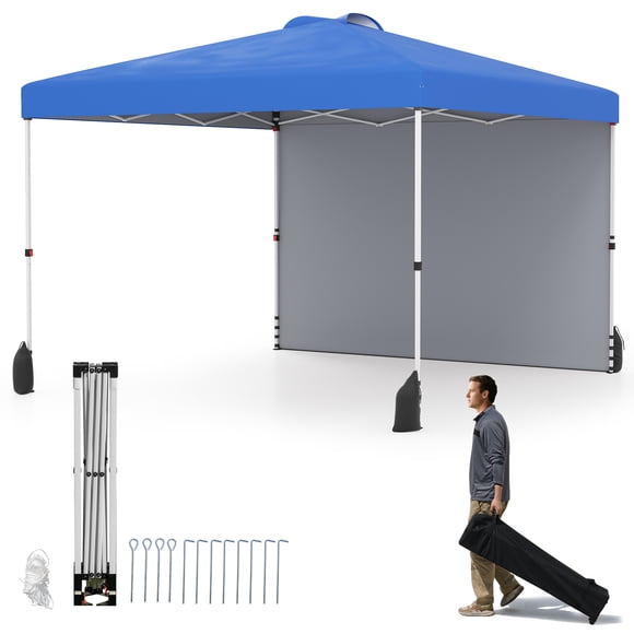 Gymax 10 X 10 FT Pop up Canopy Tent w/ 1 Sidewall Wheeled Bag 8 Stakes & 4 Wind Ropes Blue