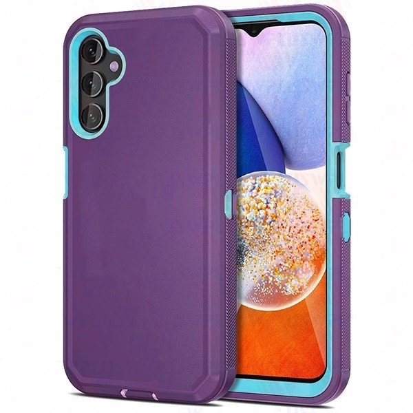 Samsung Galaxy A54 5G Étui Protecteur Rigide avec Conception Antichoc à Triple Couche en une Combinaison de Couleurs Violet et Sarcelle. l'Étui Comprend des Bords Surélevés pour la protection de l'Écran et de la Caméra, des Découpes Précises pour un Accès Facile aux Boutons et aux ports, et une Prise Antipoussière pour le port de Chargement. Conçu pour une protection Robuste avec des Coins Renforcés pour Se Prémunir contre les Chutes, les Égratignures et la Poussière.