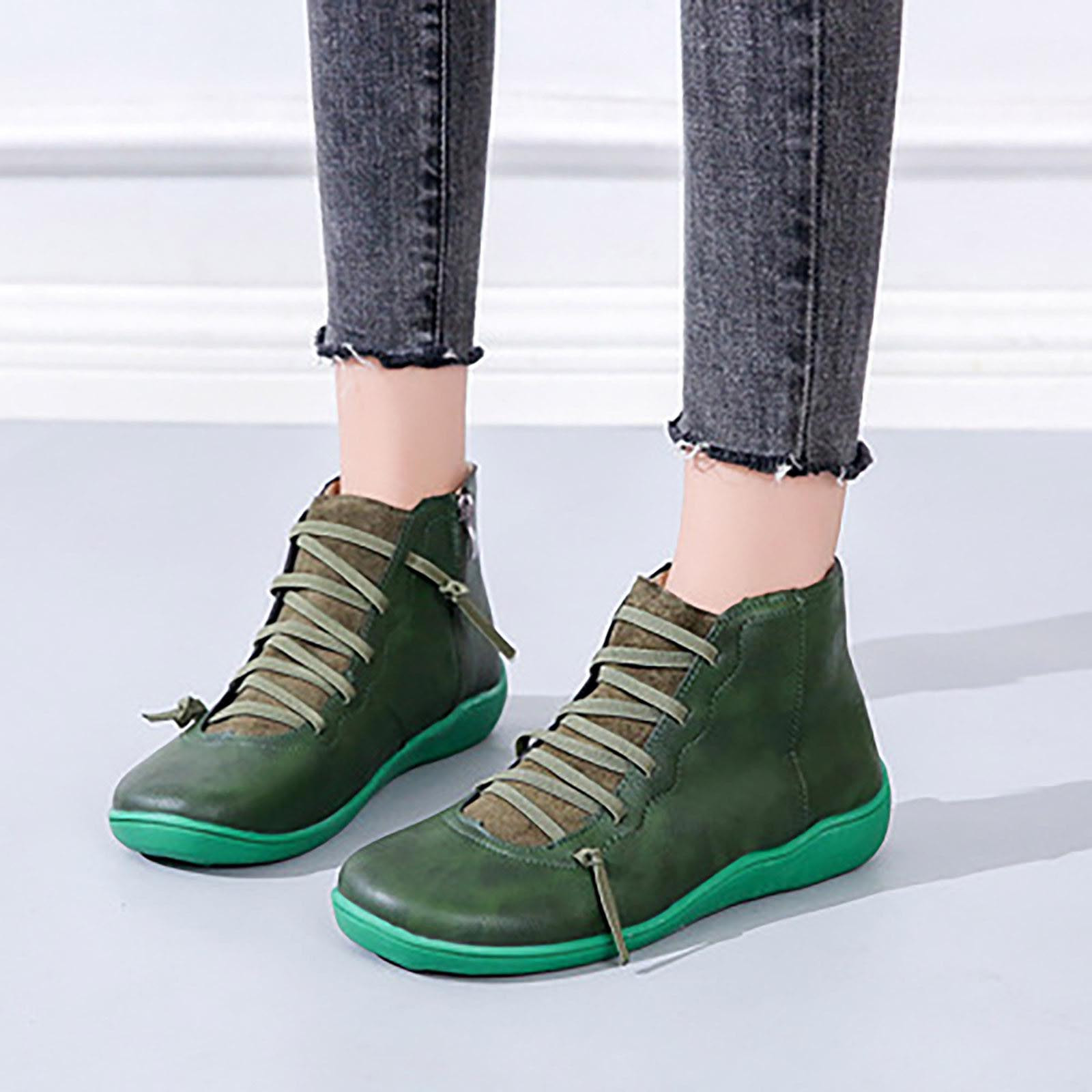 EGNMCR Ankle Boots for Women Women's Casual Flat Retro Lace-up