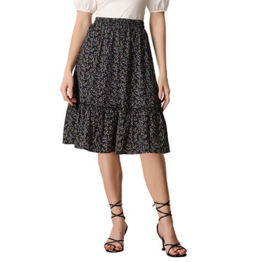 Jupe Midi Fluide à Volants et à Étages, Coupe Trapèze, à Fleurs Noires, Taille M, Unique Bargains