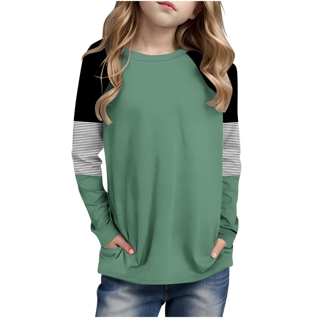 Posijego Girls Striped Long Sleeve Shirts Kids Round Neck Color Block Tunic Tops Spring T-Shirts Size 4-14 Years