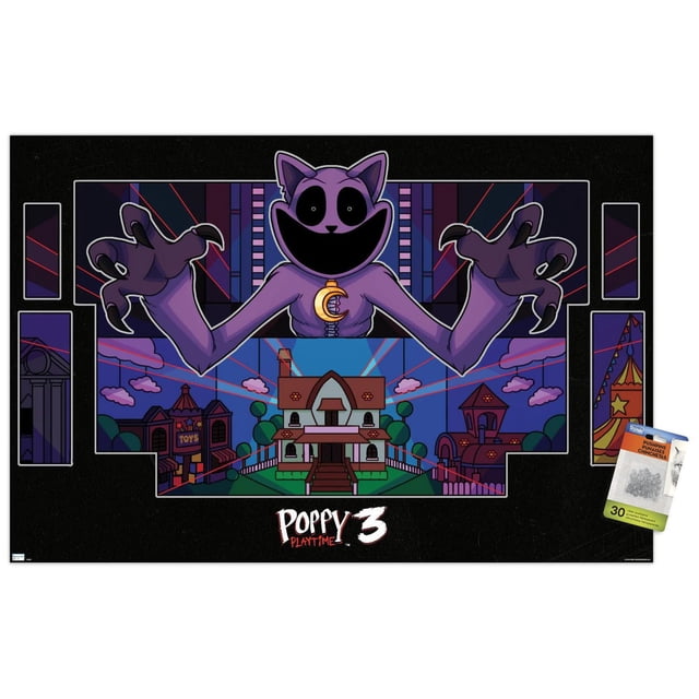 Poppy Playtime: Chapter 3 - Strings Wall Poster, 22.375" x 34" featuring a front-facing purple cat-like character with black eyes and a wide smile, wearing a crescent moon pendant. The background shows a colorful cartoon village with houses, trees, and a toy store, framed by a black border with red laser lines. The poster includes the Poppy Playtime 3 logo and is ideal for decorating bedrooms, offices, or dorm rooms.