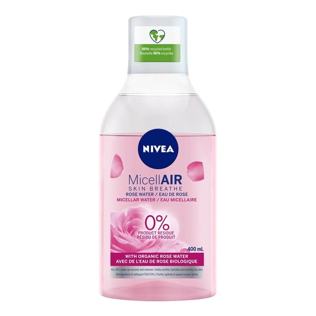 NIVEA Micellair Rose Micellar Water, Cleanser & Make-up Remover, 400 mL, clear bottle with pink micellar water, blue NIVEA logo, labeled with organic rose water and 0% product residue, dermatologically tested formula removes waterproof makeup gently without rinsing, bottle made from 96% recycled material, suitable for all skin types and hydrating skin