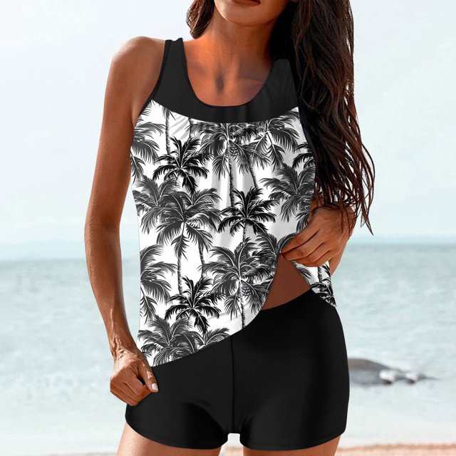 UPPADA 2 Piece Full Coverage Swimsuits for Women Floral Athleti Crewneck Bathing Suits High Waisted Tummy Control Modest Swimwear Comfy Tankini Top with Shorts Black,Xl