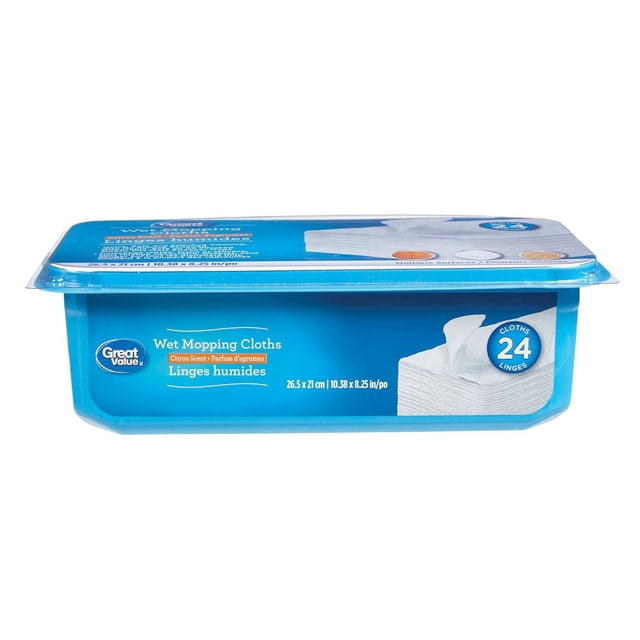 Great Value Citrus Scent Wet Mopping Cloths in a blue plastic container holding 24 white cloths measuring 26.5 x 21 cm, designed for wet mopping sealed floors to remove dust, dirt, and grime with a citrus scent for fresh cleaning.