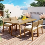 Multi-person Outdoor Acacia Wood Dining Table and Chair Set, Thick Cushions, Suitable for Balcony, Vourtyard, and Garden,Beige