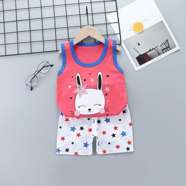 LSLJS Baby Boys Girls Clothes Toddler Sleeveless Cartoon Print Vest Tops + Shorts Summer Outfit 2Pcs Set