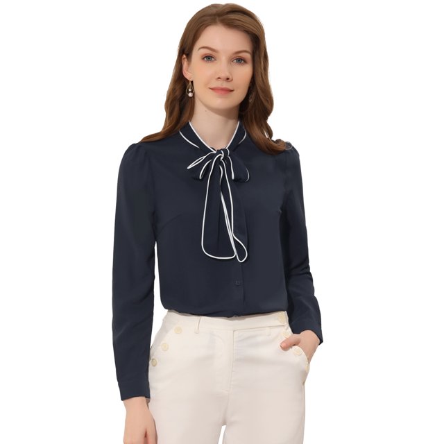 INSPIRE CHIC Blouse Chemise à Manches Longues de Travail pour Femme à Col Noué Boutonnée TP Bleu Foncé
