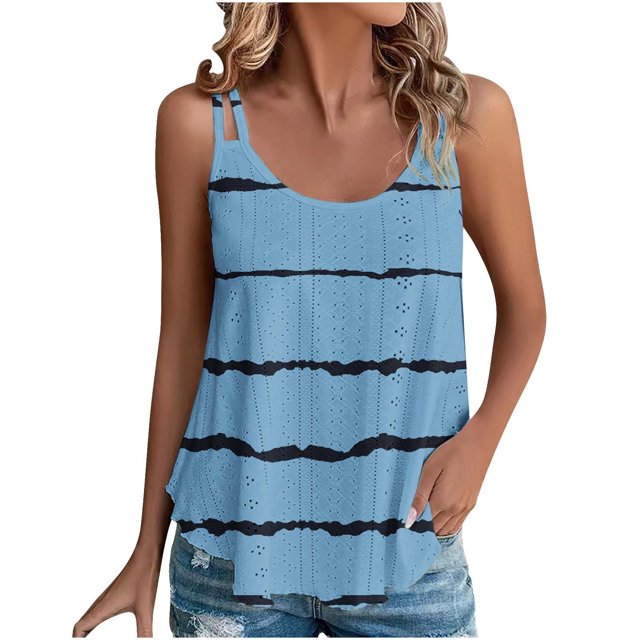 Plebaso Eyelet Tank Tops Womens Sleeveless Embroidery Tunic Print Summer Flowy Shirts for Beach Vacation