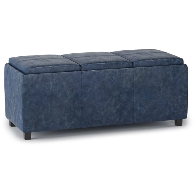 Simpli Home Avalon 42" Faux Leather Storage Ottoman in Denim Blue