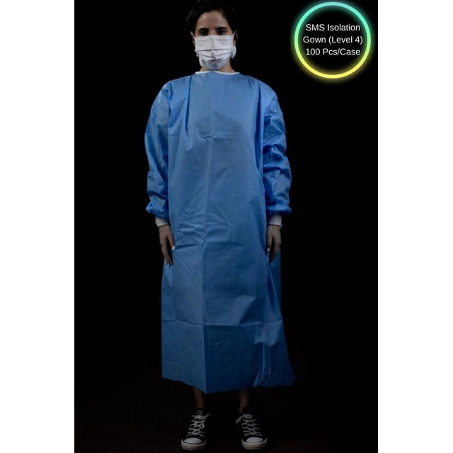 SMS Isolation Gown (Level 4) in blue, designed for single use with secure protection against fluids, alcohol, blood, and dust. Made from SMS material, it is lightweight, breathable, and tested sterile. Suitable for hospitals, chemical industries, and sanitation. Sold in cases of 100 pieces for $290 ($2.90 per piece).