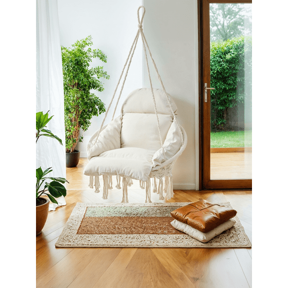 LEDREM Chaise Suspendue Bohème avec Grand Coussin Épais, Chaise Hamac pour Chambre, Patio et Balcon, Supporte 264 lb, Blanc Crème